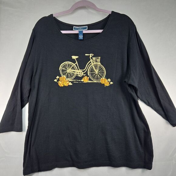 Karen Scott Plus 2X Shirt Autumn Harvest Bicycle Pumpkins Top Gold Bling Sparkle - Picture 1 of 12